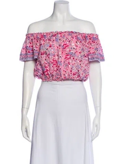 Pre-owned Poupette St Barth Floral Print Off-the-shoulder Crop Top In Pink