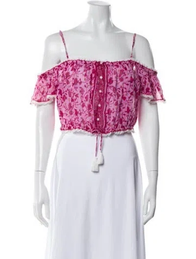 Pre-owned Poupette St Barth Floral Print Off-the-shoulder Crop Top In Pink