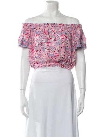 Pre-owned Poupette St Barth Floral Print Off-the-shoulder Crop Top In Pink