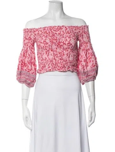 Pre-owned Poupette St Barth Floral Print Off-the-shoulder Crop Top In Pink
