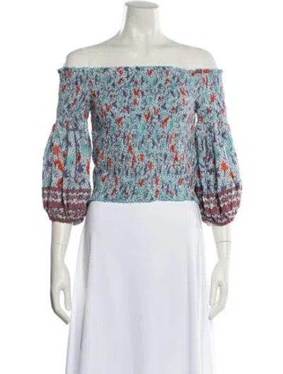 Pre-owned Poupette St Barth Floral Print Off-the-shoulder Crop Top In White