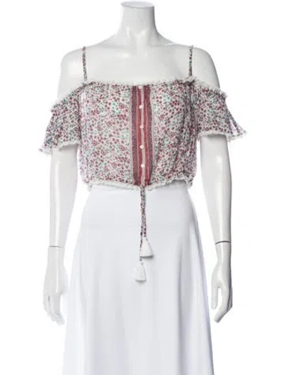 Pre-owned Poupette St Barth Floral Print Off-the-shoulder Crop Top In White