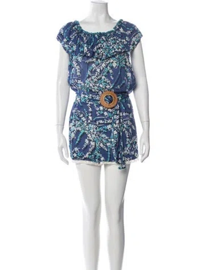Pre-owned Poupette St Barth Floral Print Off-the-shoulder Romper In Blue