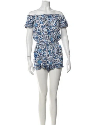 Pre-owned Poupette St Barth Floral Print Off-the-shoulder Romper In Blue
