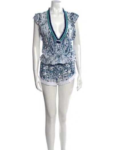Pre-owned Poupette St Barth Floral Print Plunge Neckline Romper In Blue