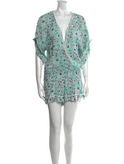 Pre-owned Poupette St Barth Floral Print Plunge Neckline Romper In Green