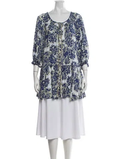 Pre-owned Poupette St Barth Floral Print Scoop Neck Blouse In White