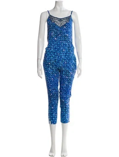 Pre-owned Poupette St Barth Floral Print Scoop Neck Jumpsuit In Blue