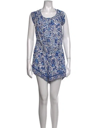 Pre-owned Poupette St Barth Floral Print Scoop Neck Romper In Blue/white