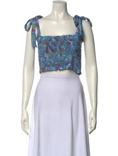 Pre-owned Poupette St Barth Floral Print Square Neckline Crop Top In Blue