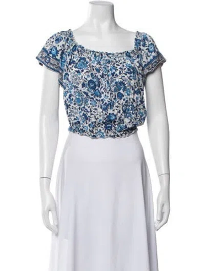 Pre-owned Poupette St Barth Floral Print Square Neckline Crop Top In Blue