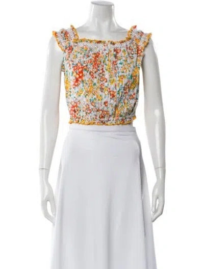 Pre-owned Poupette St Barth Floral Print Square Neckline Crop Top W/ Tags In White