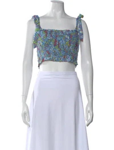 Pre-owned Poupette St Barth Floral Print Square Neckline Crop Top W/ Tags In White