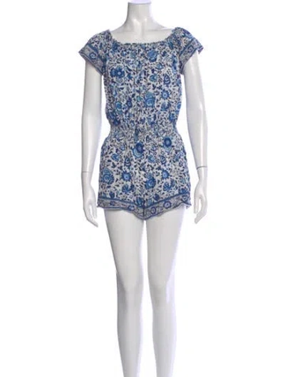 Pre-owned Poupette St Barth Floral Print Square Neckline Romper In Blue