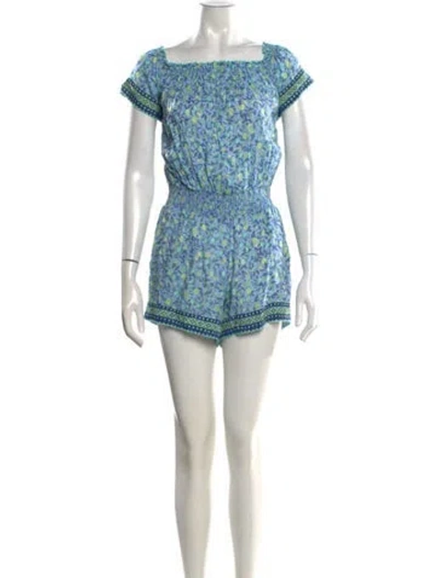 Pre-owned Poupette St Barth Floral Print Square Neckline Romper In Blue