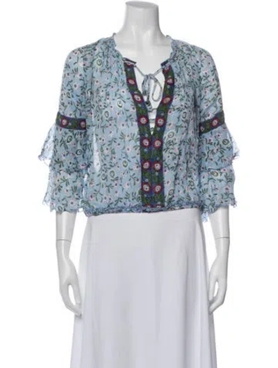 Pre-owned Poupette St Barth Floral Print Tie Neck Blouse In Blue