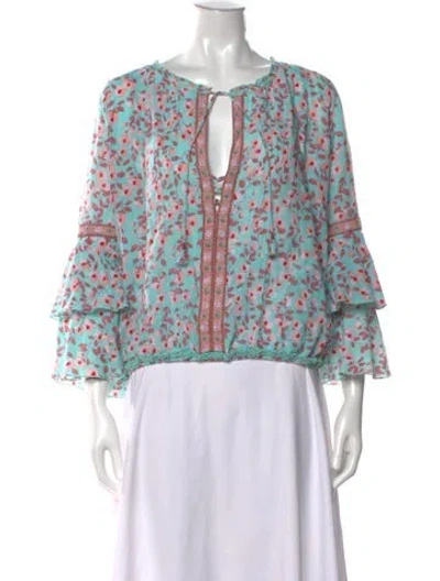 Pre-owned Poupette St Barth Floral Print Tie Neck Blouse In Blue