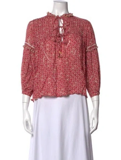 Pre-owned Poupette St Barth Floral Print Tie Neck Blouse In Pink