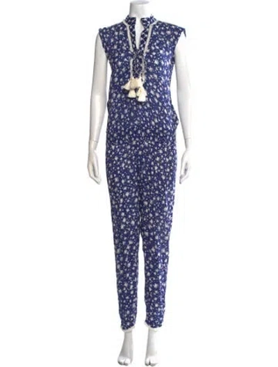 Pre-owned Poupette St Barth Floral Print Tie Neck Jumpsuit In Blue