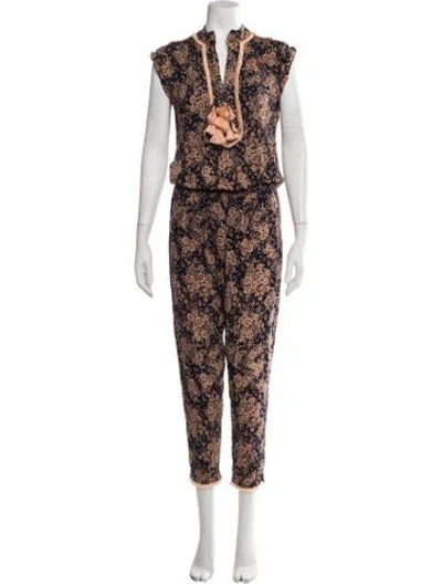 Pre-owned Poupette St Barth Floral Print Tie Neck Jumpsuit In Blue