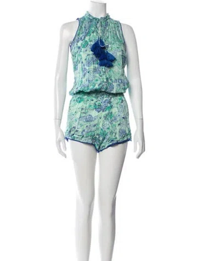 Pre-owned Poupette St Barth Floral Print Tie Neck Romper In Green