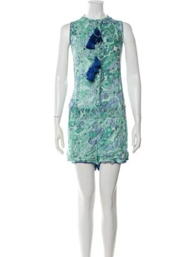 Pre-owned Poupette St Barth Floral Print Tie Neck Romper In Green