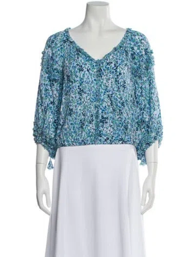 Pre-owned Poupette St Barth Floral Print V-neck Blouse In Blue