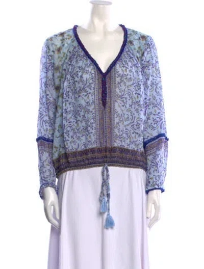 Pre-owned Poupette St Barth Floral Print V-neck Blouse In Blue