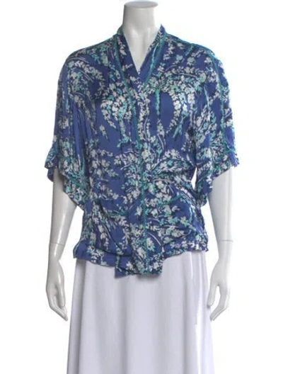 Pre-owned Poupette St Barth Floral Print V-neck Blouse In Blue