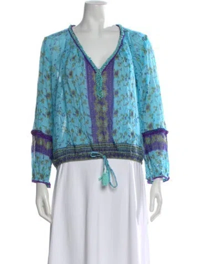 Pre-owned Poupette St Barth Floral Print V-neck Blouse In Blue