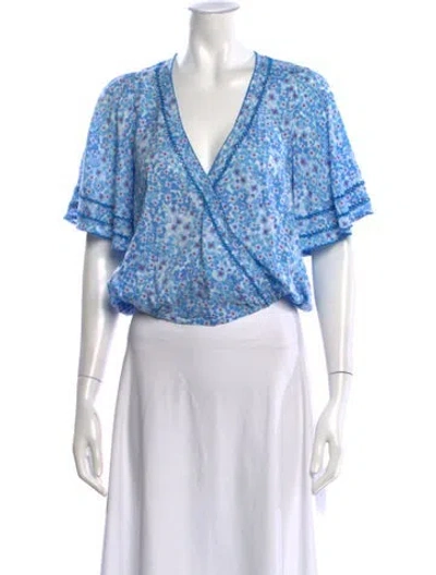 Pre-owned Poupette St Barth Floral Print V-neck Blouse In Blue