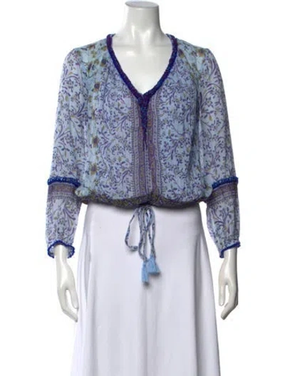 Pre-owned Poupette St Barth Floral Print V-neck Blouse In Blue