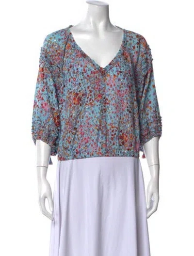Pre-owned Poupette St Barth Floral Print V-neck Blouse In Blue