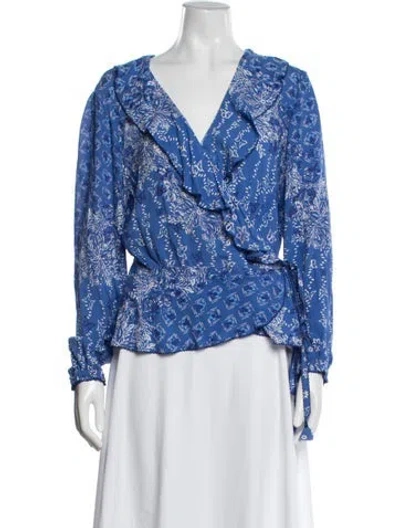 Pre-owned Poupette St Barth Floral Print V-neck Blouse In Blue
