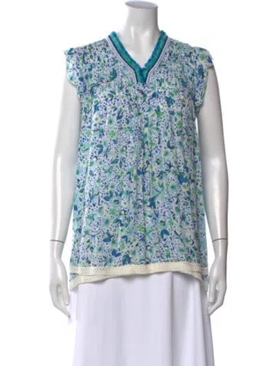 Pre-owned Poupette St Barth Floral Print V-neck Blouse In Blue