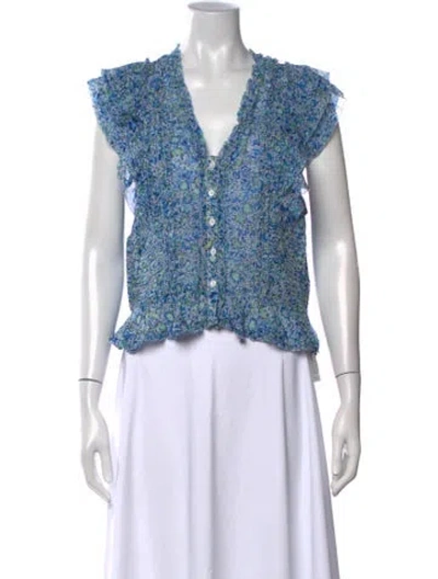 Pre-owned Poupette St Barth Floral Print V-neck Blouse In Blue