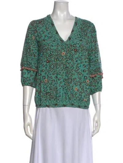 Pre-owned Poupette St Barth Floral Print V-neck Blouse In Green
