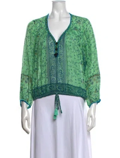 Pre-owned Poupette St Barth Floral Print V-neck Blouse In Green