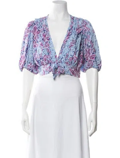 Pre-owned Poupette St Barth Floral Print V-neck Blouse W/ Tags In Blue