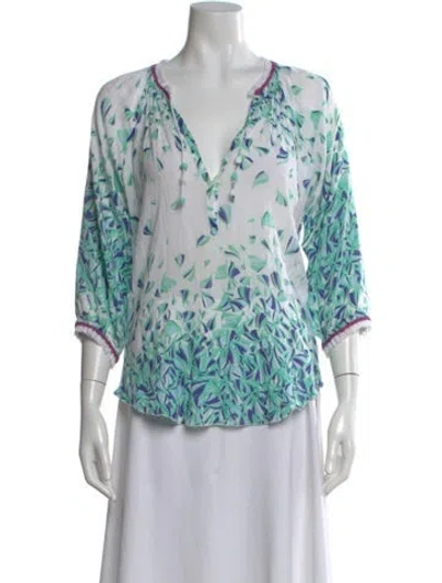 Pre-owned Poupette St Barth Floral Print V-neck Blouse In White