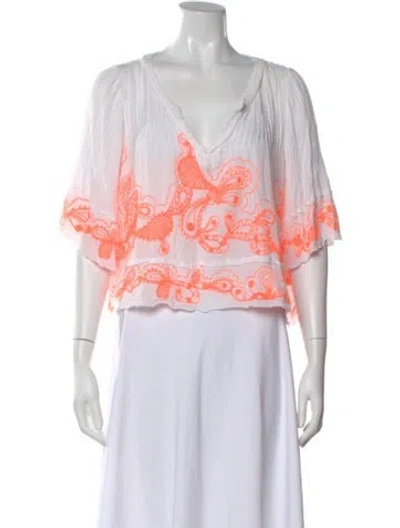 Pre-owned Poupette St Barth Floral Print V-neck Blouse In White