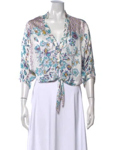 Pre-owned Poupette St Barth Floral Print V-neck Blouse In White