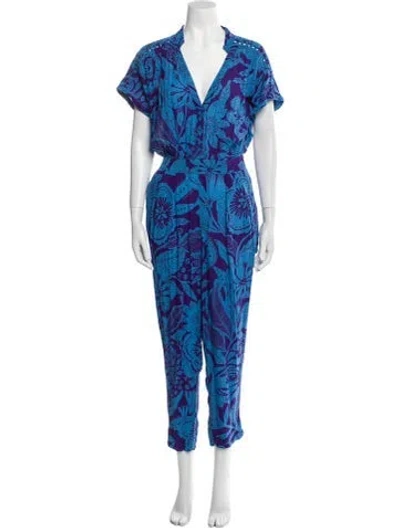 Pre-owned Poupette St Barth Floral Print V-neck Jumpsuit W/ Tags In Blue