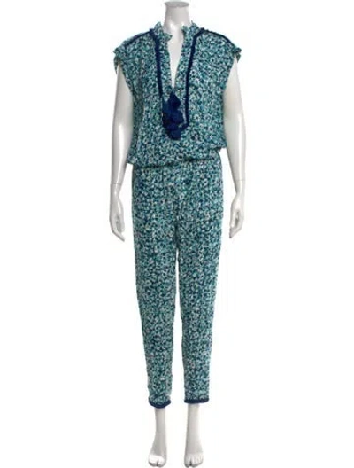 Pre-owned Poupette St Barth Floral Print V-neck Jumpsuit W/ Tags In Blue