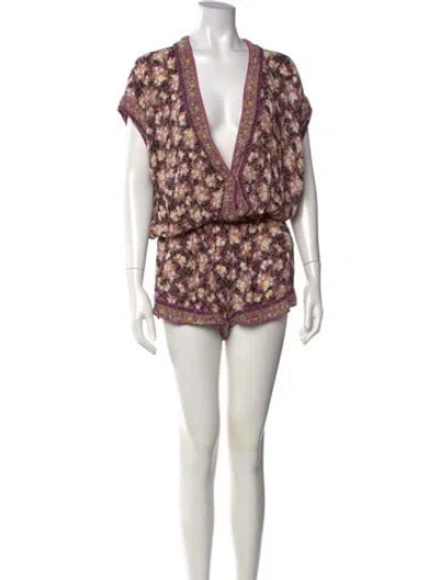 Pre-owned Poupette St Barth Floral Print V-neck Romper In Black