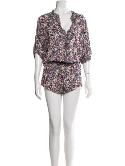 Pre-owned Poupette St Barth Floral Print V-neck Romper In Blue