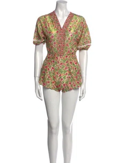 Pre-owned Poupette St Barth Floral Print V-neck Romper In Blue