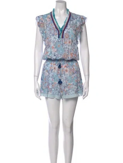 Pre-owned Poupette St Barth Floral Print V-neck Romper In Blue