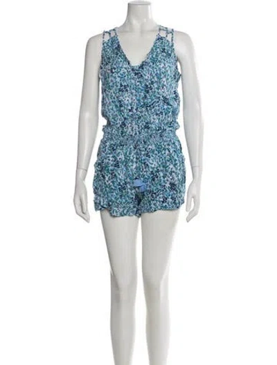 Pre-owned Poupette St Barth Floral Print V-neck Romper In Blue