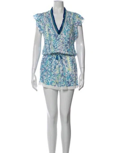 Pre-owned Poupette St Barth Floral Print V-neck Romper In Blue